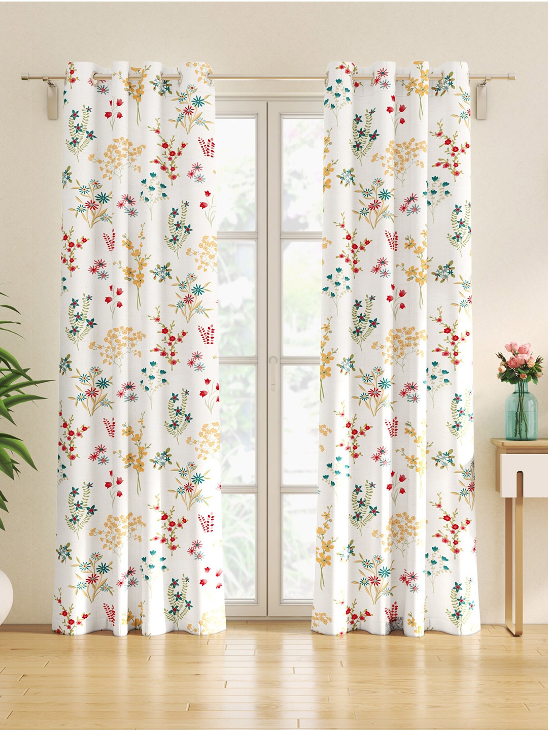 

Home Centre Saddle White & Red 2 Pieces Floral Sheer Door Curtains