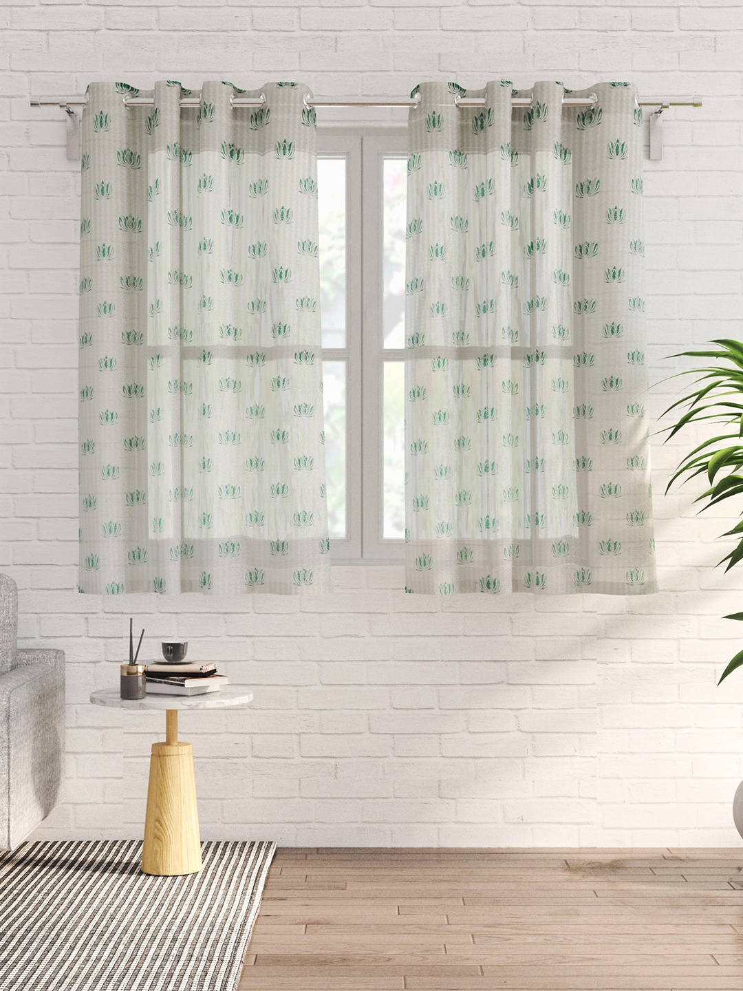 

Home Centre Pacific Venice White & Teal 2 Pieces Floral Sheer Window Curtains