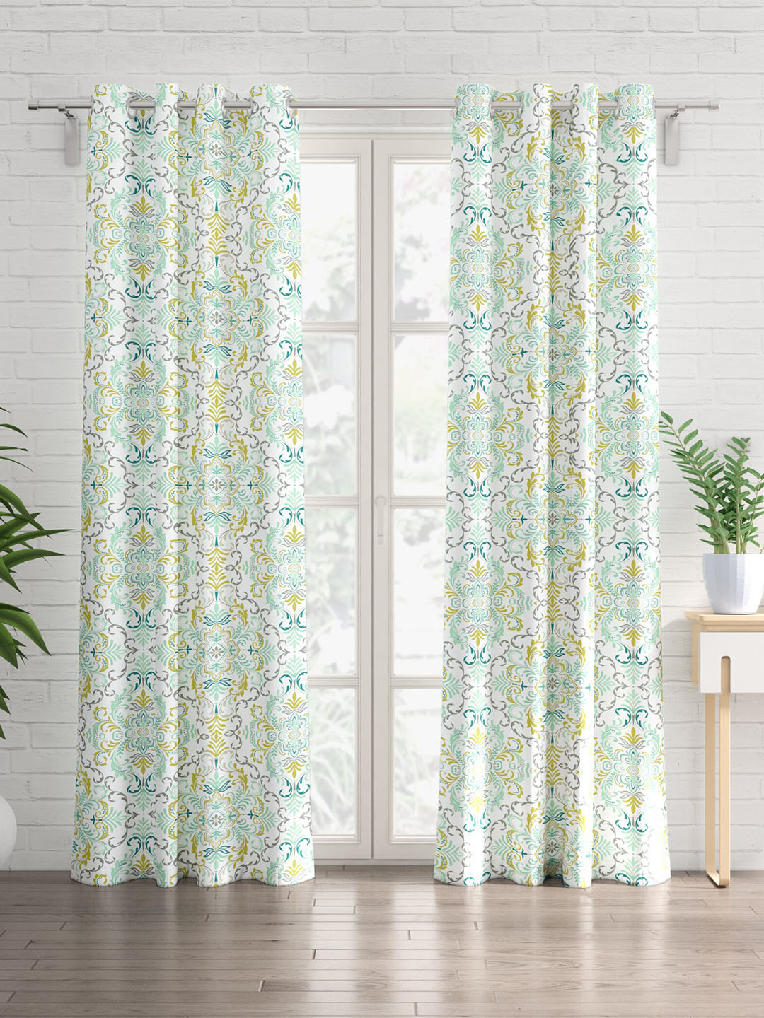 

Home Centre Saddle White & Green 2 Pieces Ethnic Motifs Black Out Door Curtains