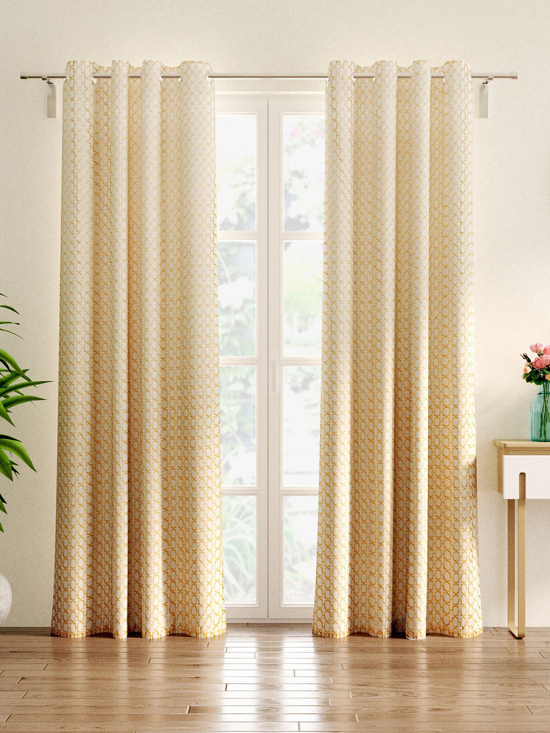 

Home Centre Crystal Yellow 2 Pieces Geometric Black Out Door Curtains