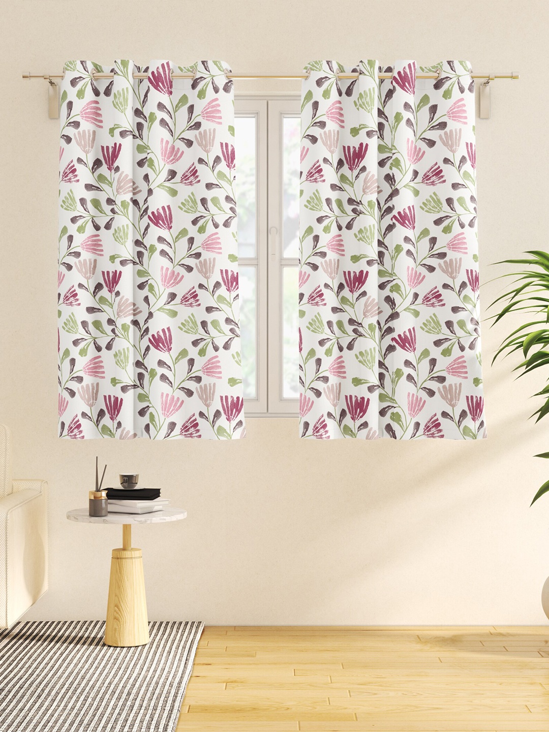 

Home Centre Saddle Purple & Green 2 Pieces Floral Semi-Blackout Window Curtains