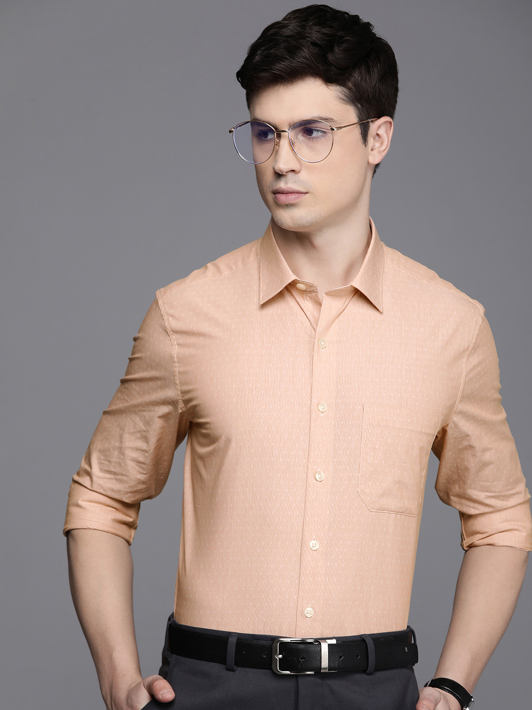 

Louis Philippe Pure Cotton Striped Slim Fit Formal Shirt, Peach