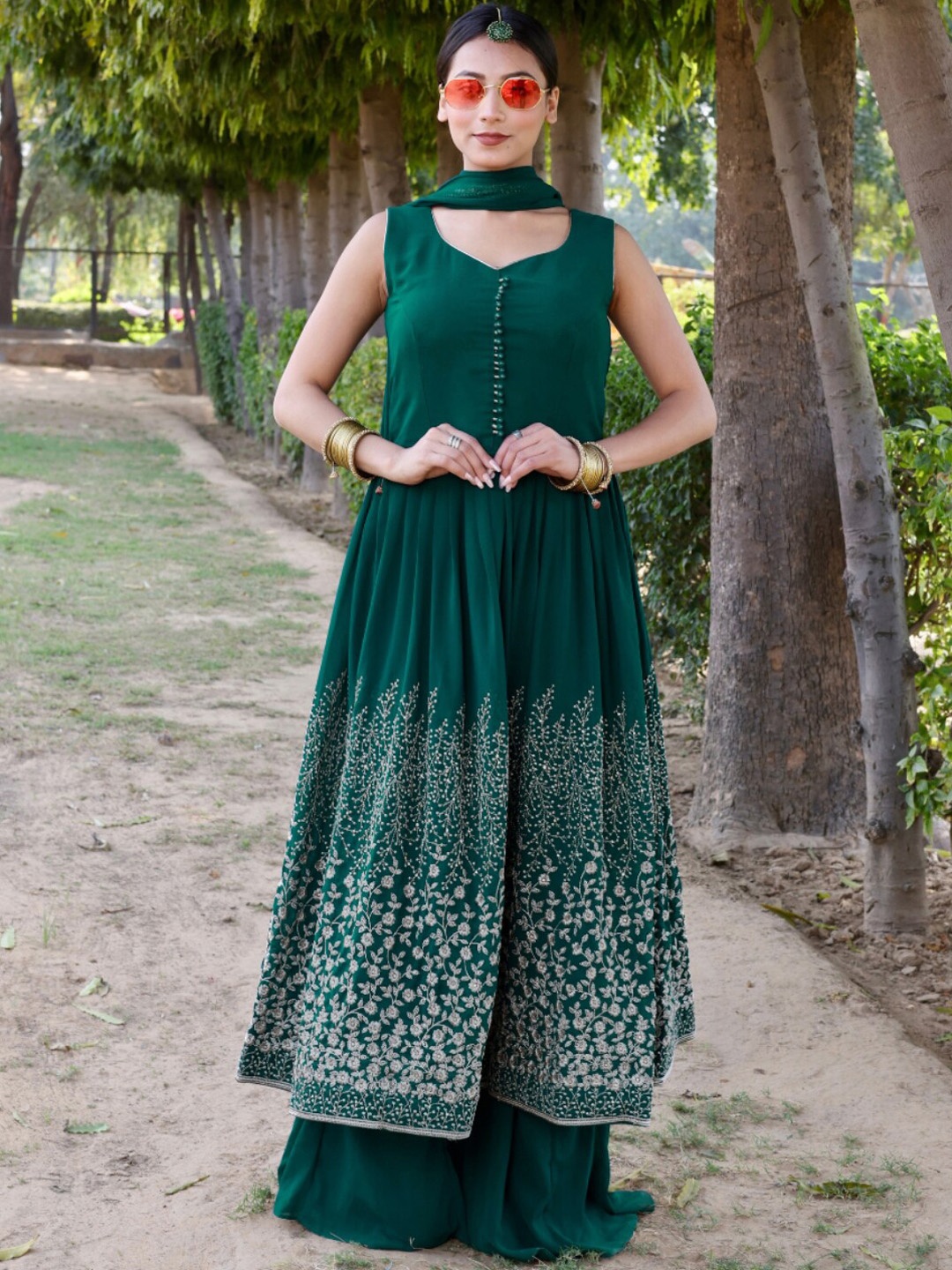 

Chhabra 555 Green Embroidered Anarkali Kurta With Flared Palazzo & Dupatta