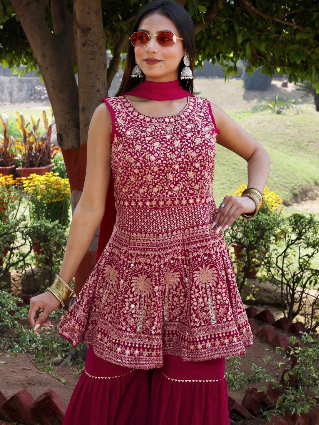 

Chhabra 555 Floral Sequined Embroidered Kurti With Sharara & Dupatta, Magenta
