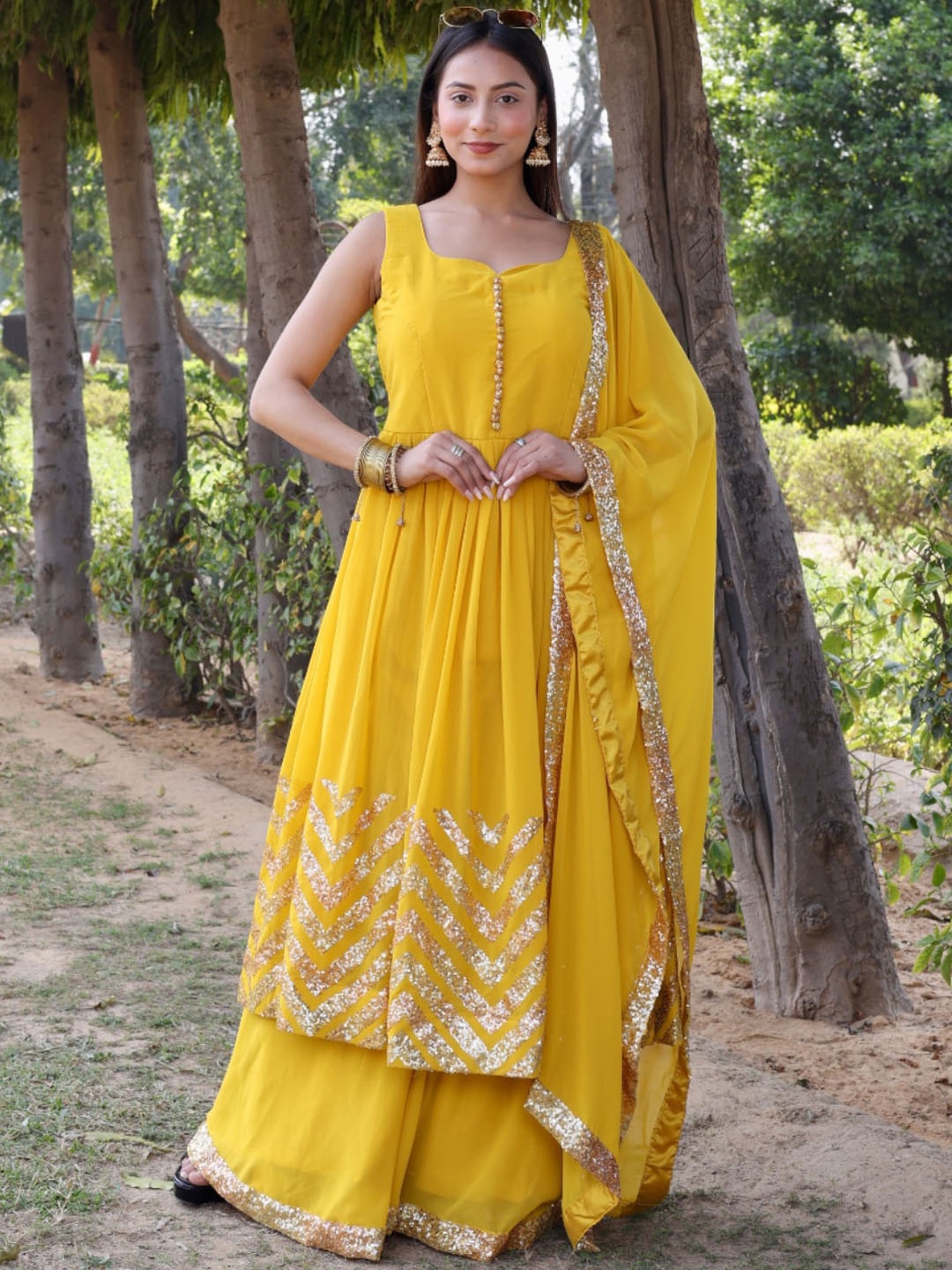 

Chhabra 555 Yellow Sequinned Anarkali Kurta With Palazzo & Dupatta