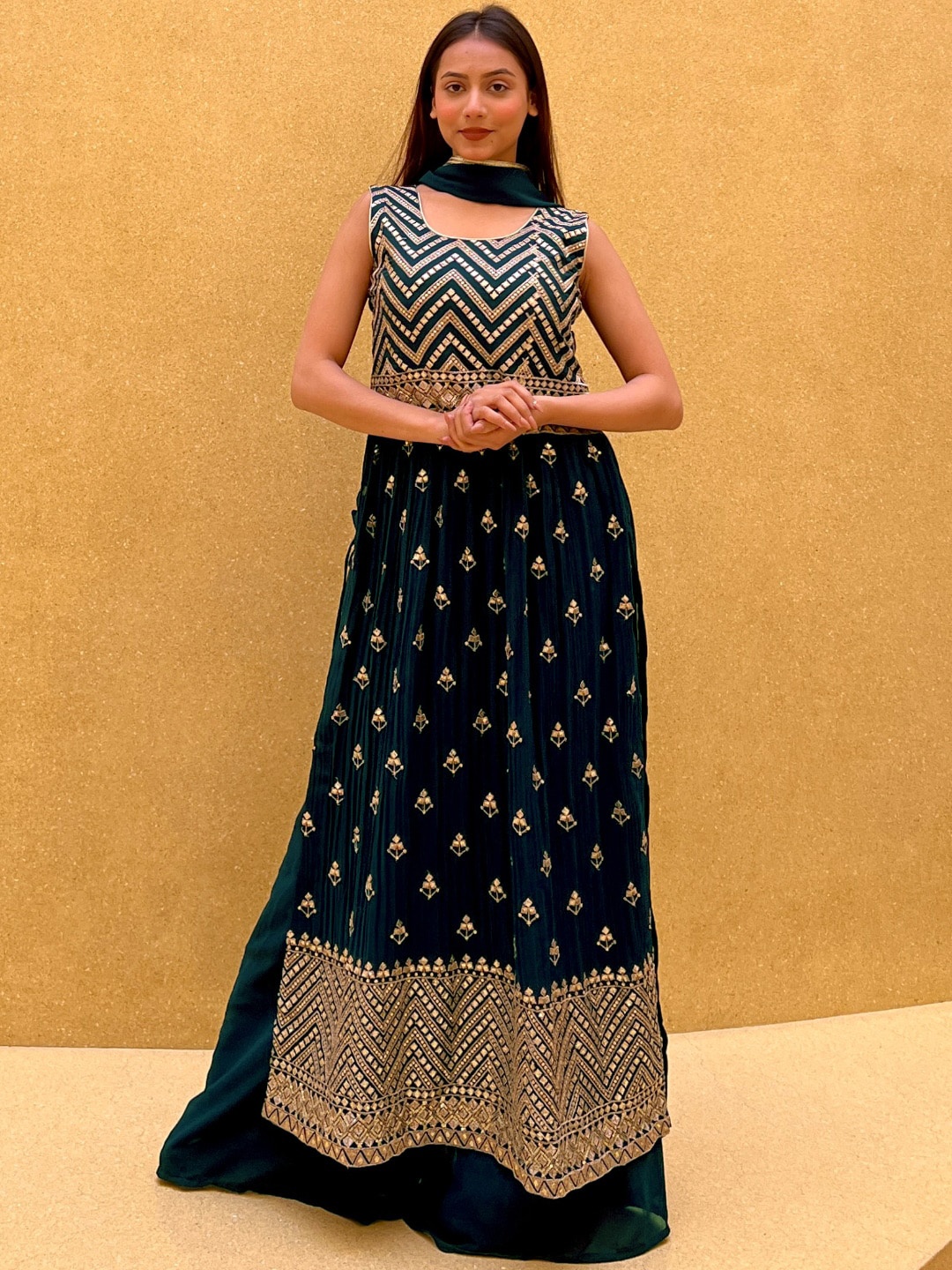 

Chhabra 555 Teal Blue Chevron Embroidered Kurta With Palazzo & Dupatta
