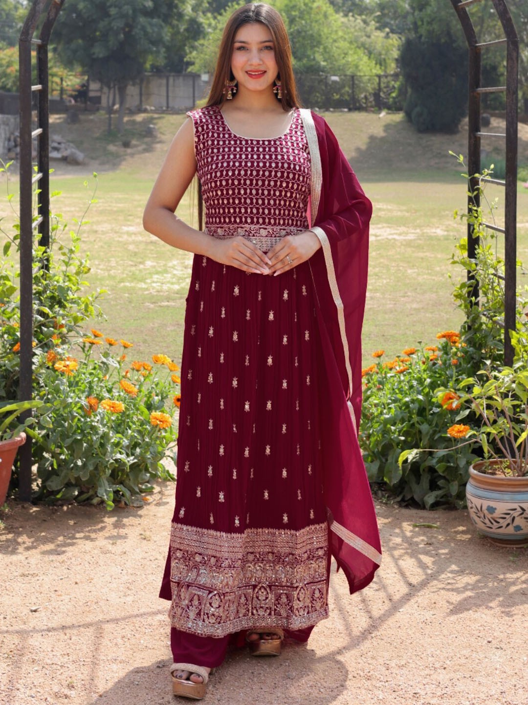 

Chhabra 555 Maroon Ethnic Embroidered High Slit Kurta With Palazzo & Dupatta
