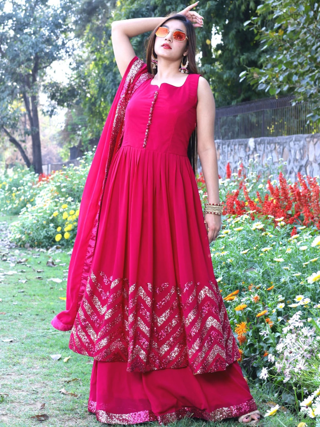 

Chhabra 555 Magenta Sequinned Anarkali Kurta With Palazzo & Dupatta