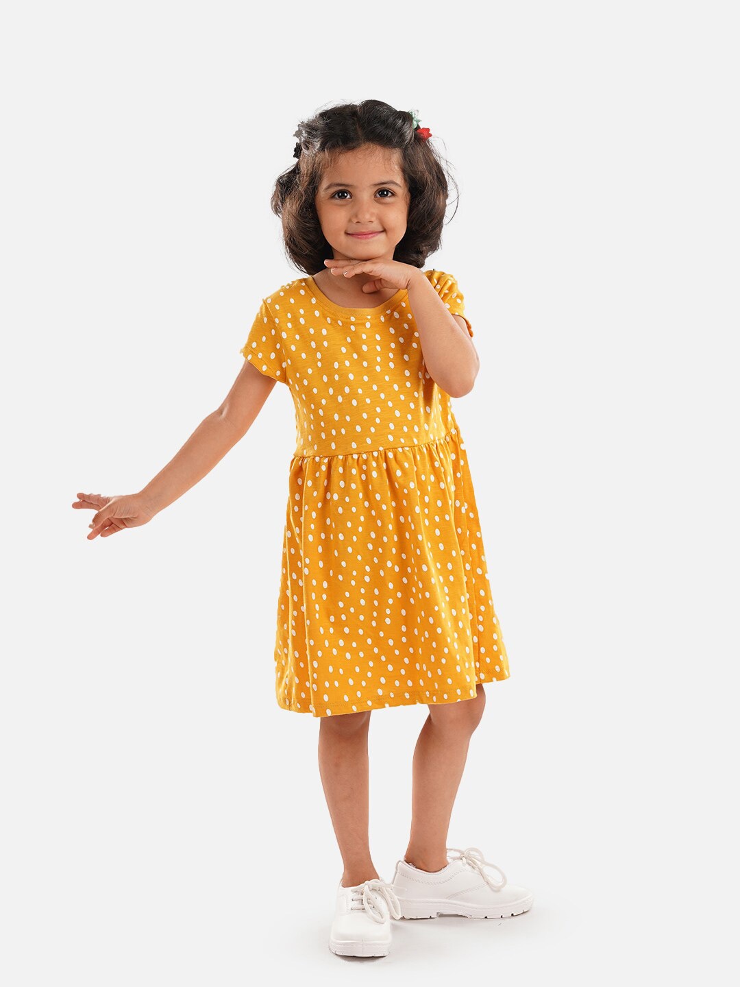 

Zalio Girls Polka Dots Printed Pure Cotton Fit & Flare Dress, Mustard