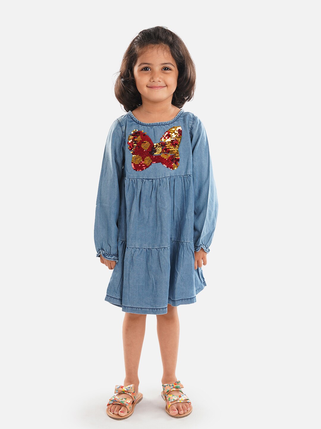 

Zalio Puff Sleeve Denim Sequinned Tiered Pure Cotton A-Line Dress, Blue