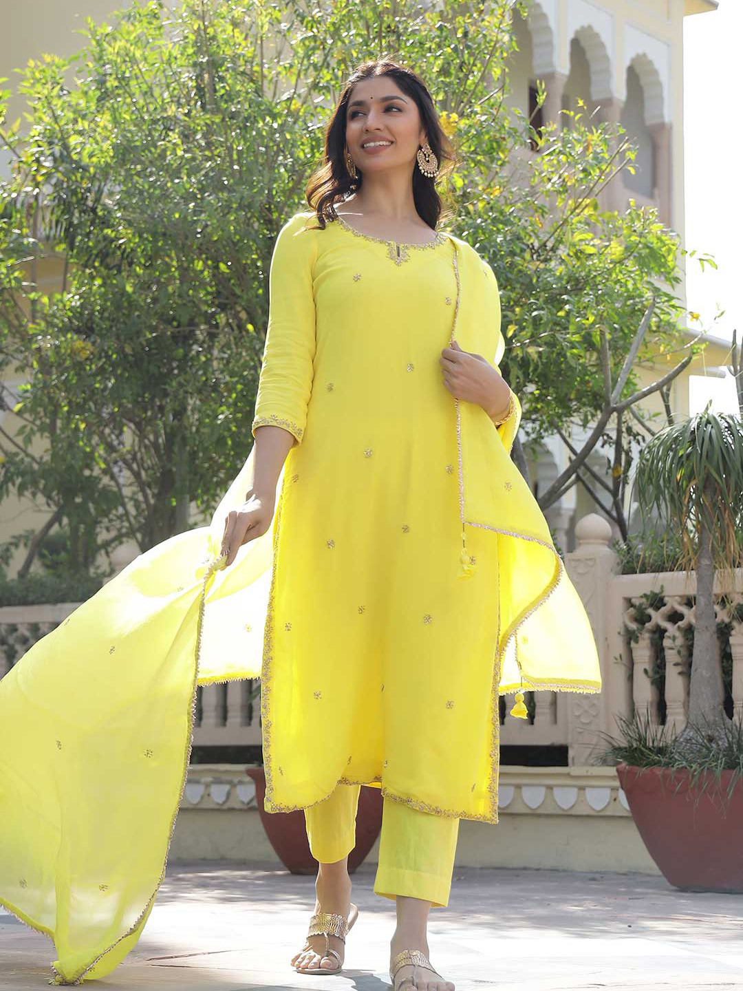 

Lirose Self Design Beads & Stones Cotton Kurta with Trousers & Dupatta, Yellow