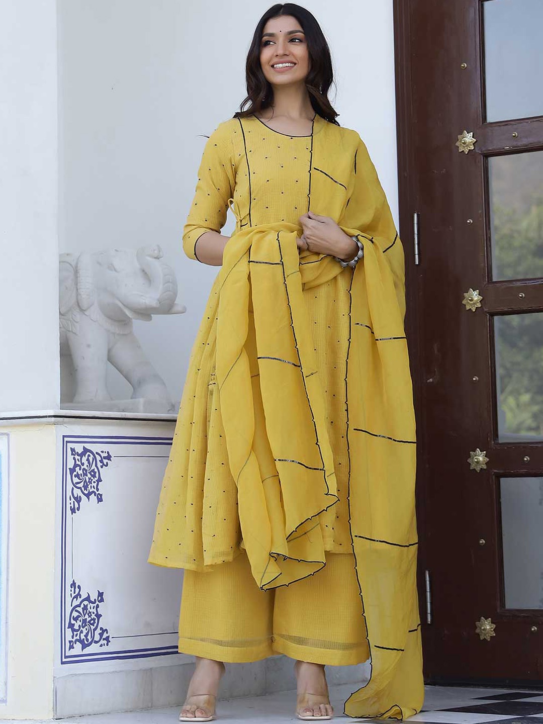 

Lirose Embroidered Pure Cotton Kurta with Palazzos & Dupatta, Mustard