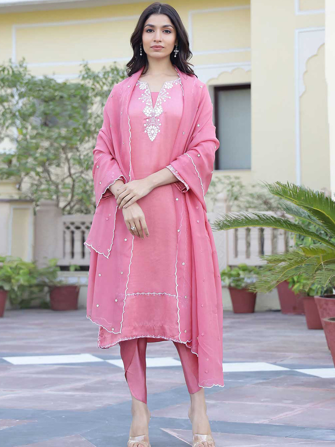 

Lirose Ethnic Motifs Embroidered Mirror Work Kurta With Trousers & Dupatta, Pink