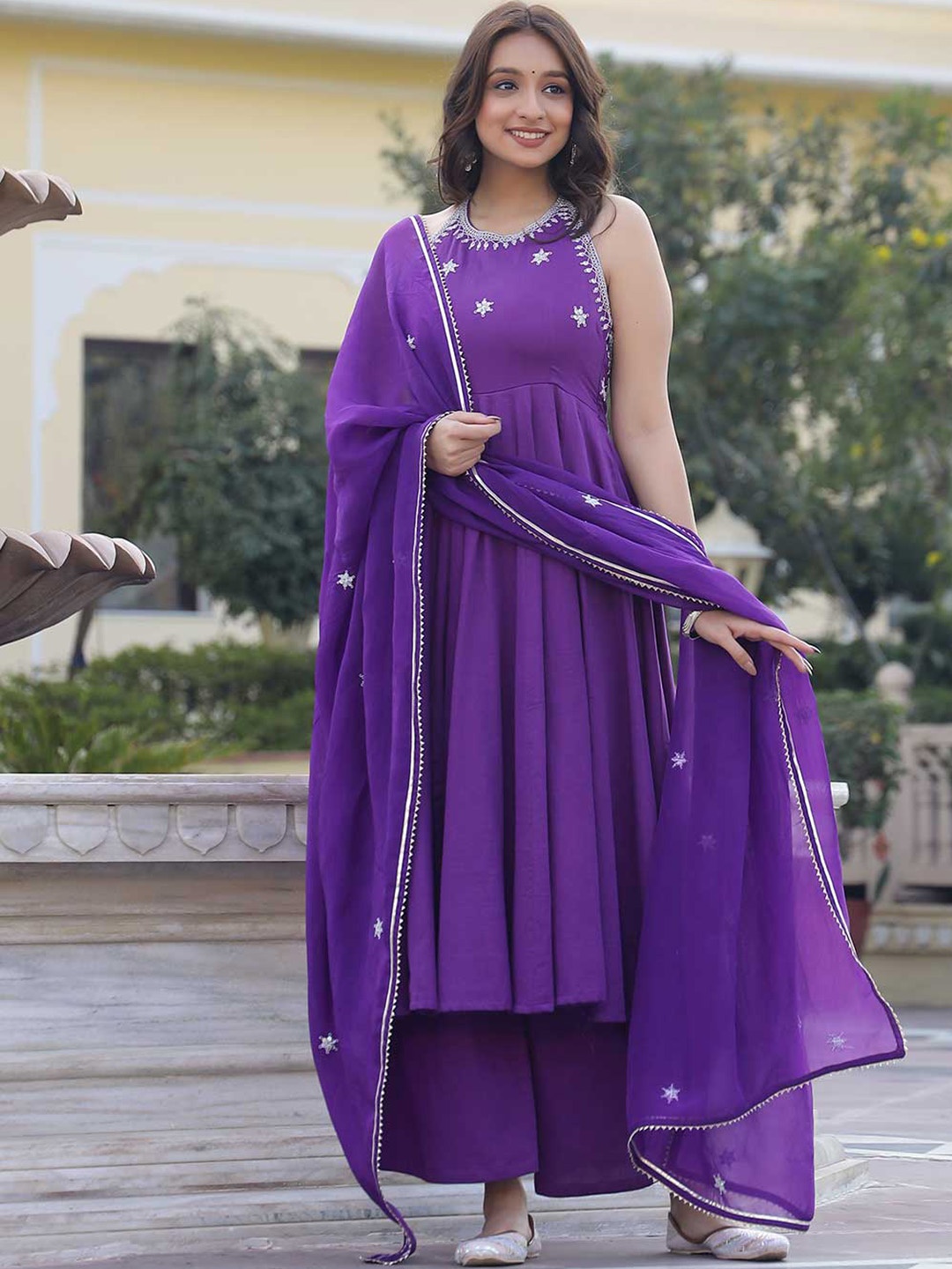 

Lirose Ethnic Motifs Embroidered Pure Cotton Anarkali Kurta with Palazzos & Dupatta, Purple