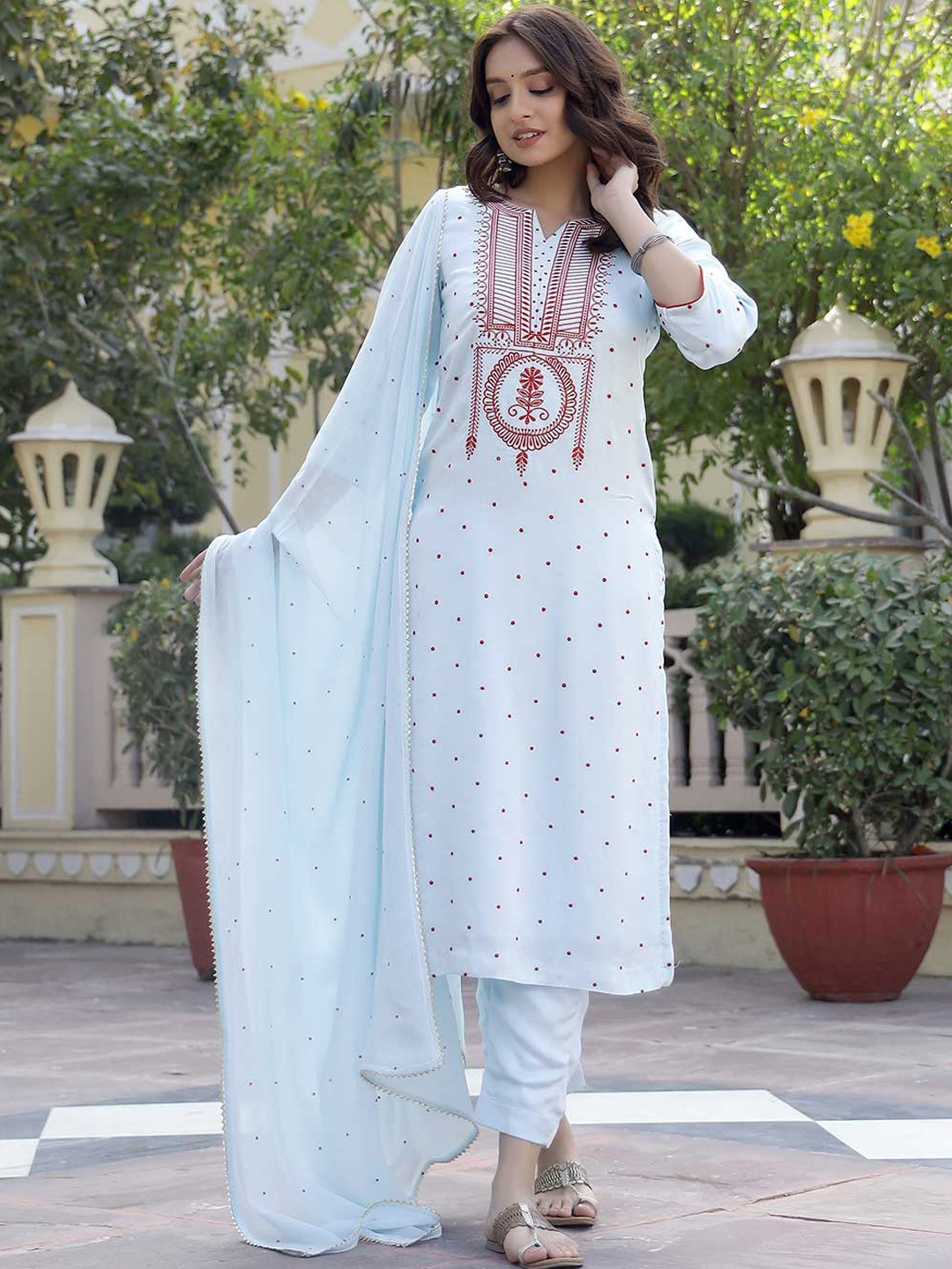 

Lirose Ethnic Motif Embroidered Pure Cotton Kurta With Trousers & Dupatta, Blue