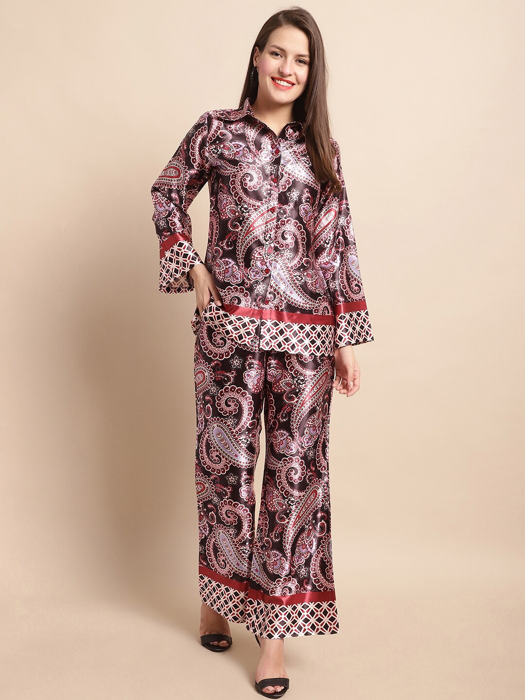 

Claura Black & Purple Ethnic Motifs Printed Shirt With Trousers