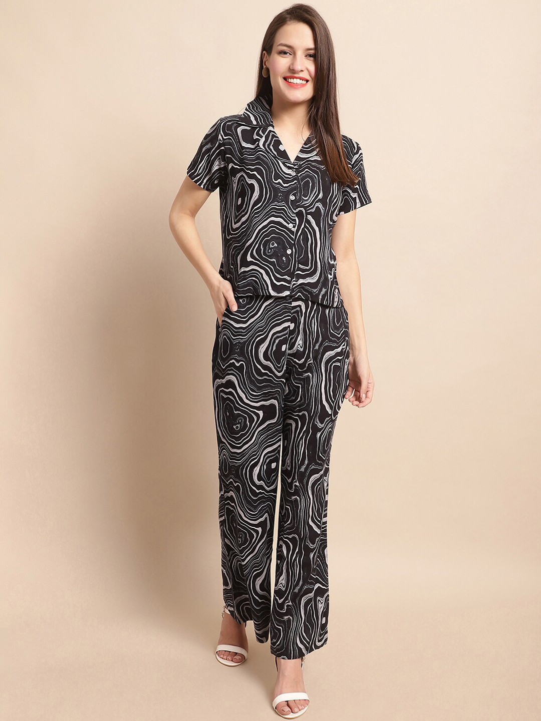 

Claura Black & White Printed Shirt With Trousers