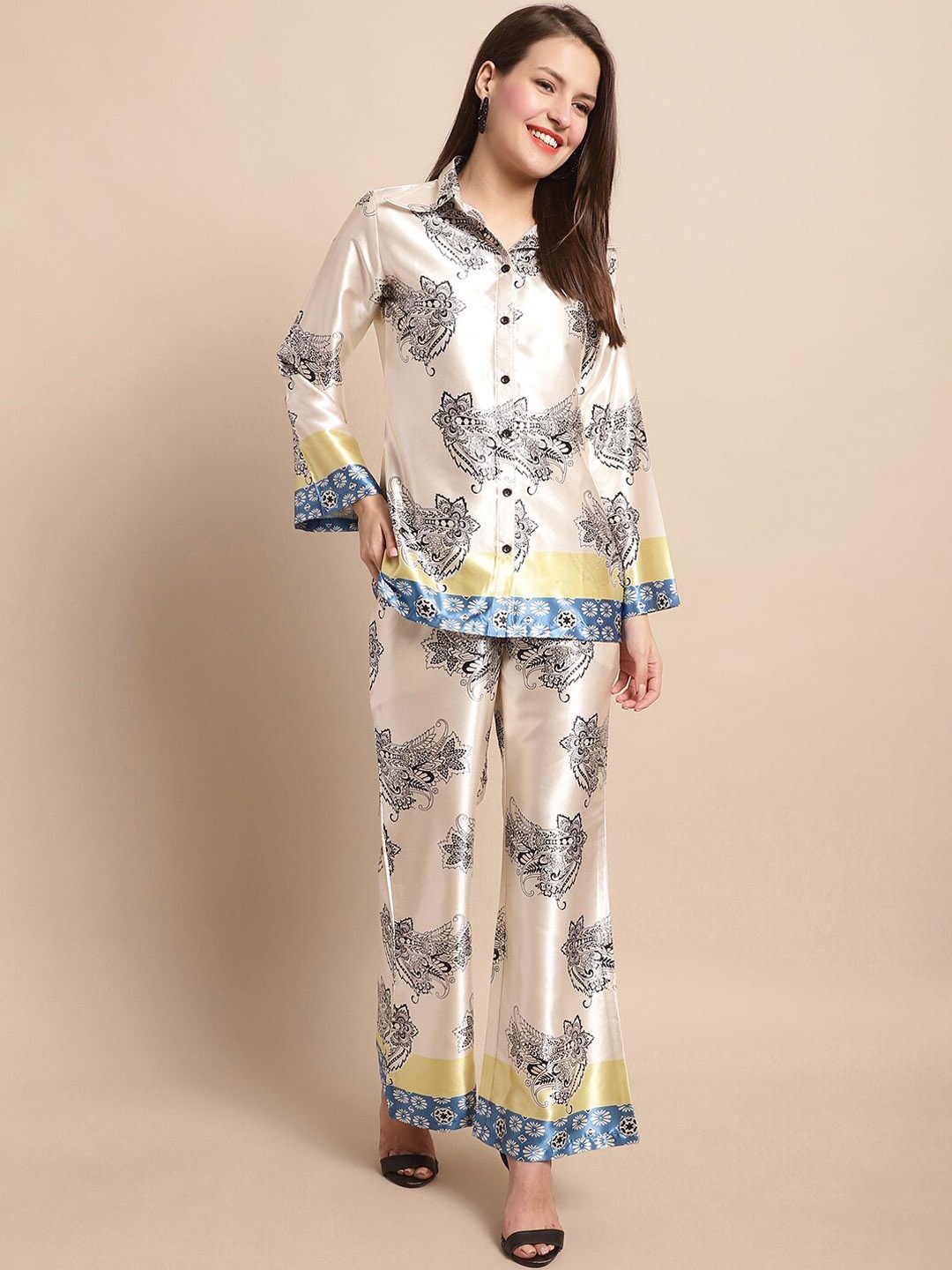 

Claura Beige & Black Ethnic Motifs Printed Shirt With Trousers