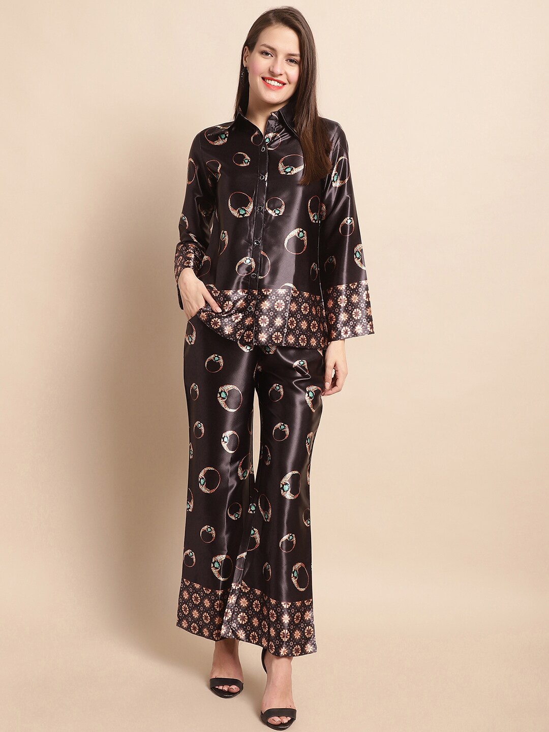 

Claura Black & Beige Printed Shirt With Trousers