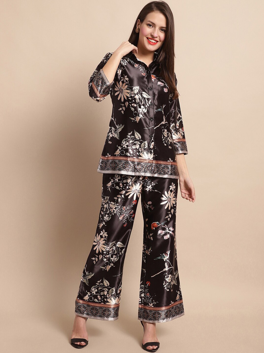 

Claura Black & White Floral Printed Shirt With Trousers