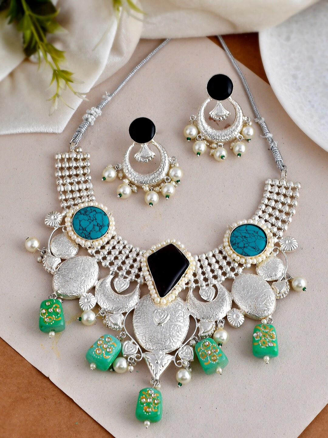 

Silvermerc Designs Silver-Plated Turquoise Studded Contemporary Necklace & Earrings