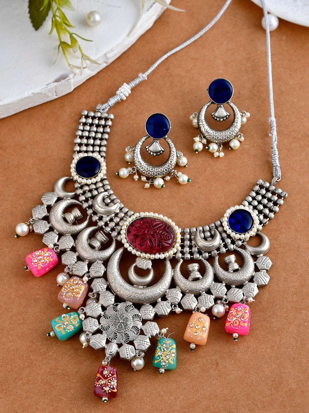 

Silvermerc Designs Stone Studded & Beaded Necklace & Earrings, Silver