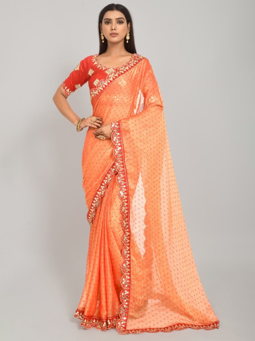 

VEERAX Orange & Red Abstract Woven Design Mirror Work Pure Georgette Saree