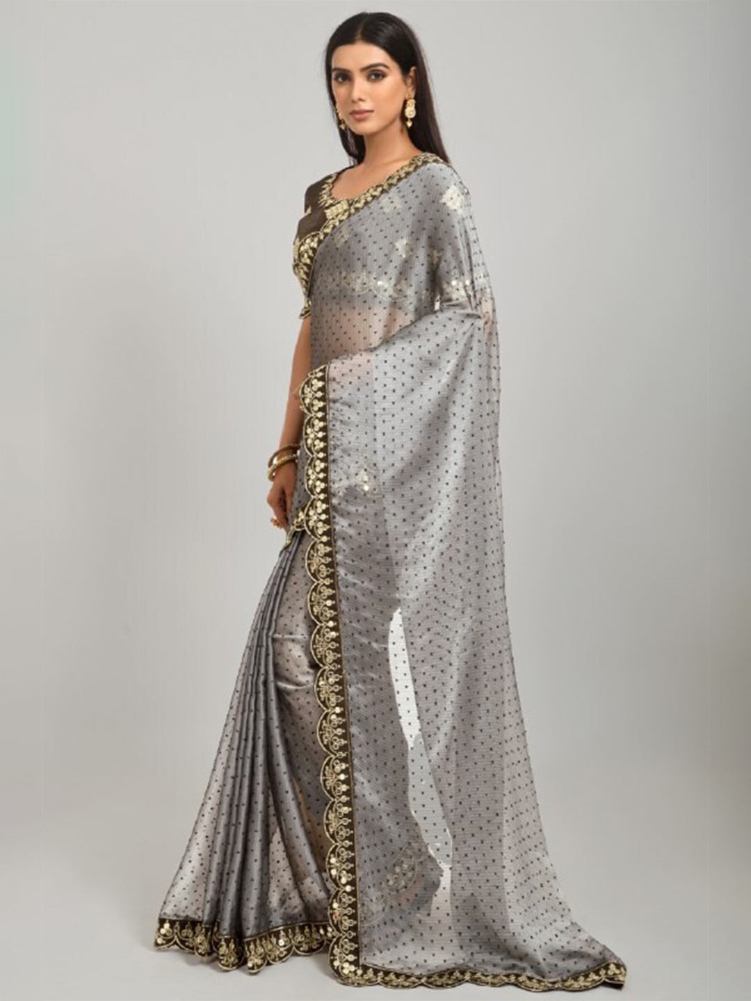 

VEERAX Polka Dot Pure Georgette Embroidered Saree, Grey