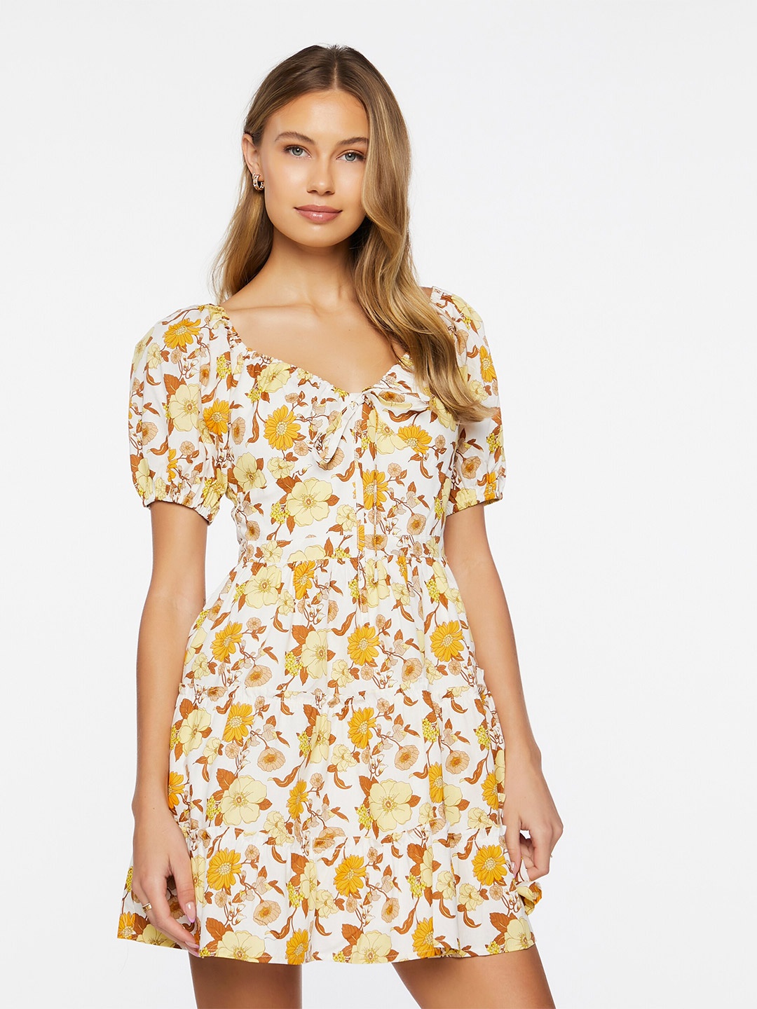 

FOREVER 21 White Floral Printed Puff Sleeve Pure Cotton Fit & Flare Dress