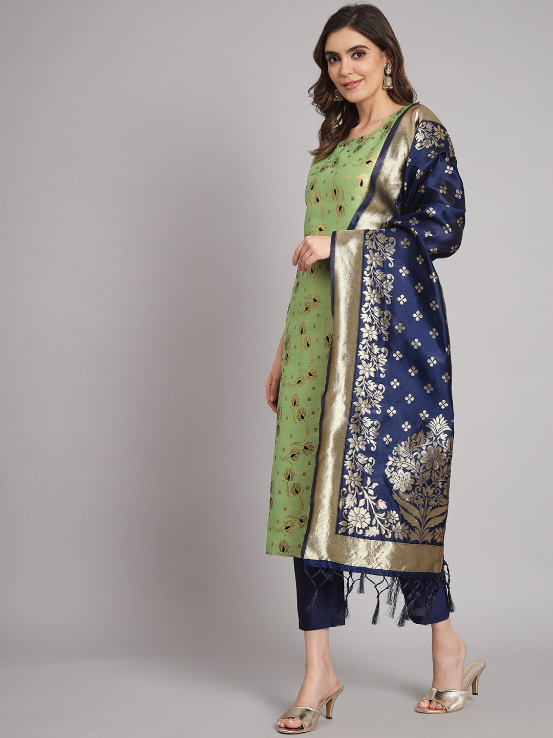 

KALINI Ethnic Motifs Woven Design Kurta With Trousers & With Dupatta, Green