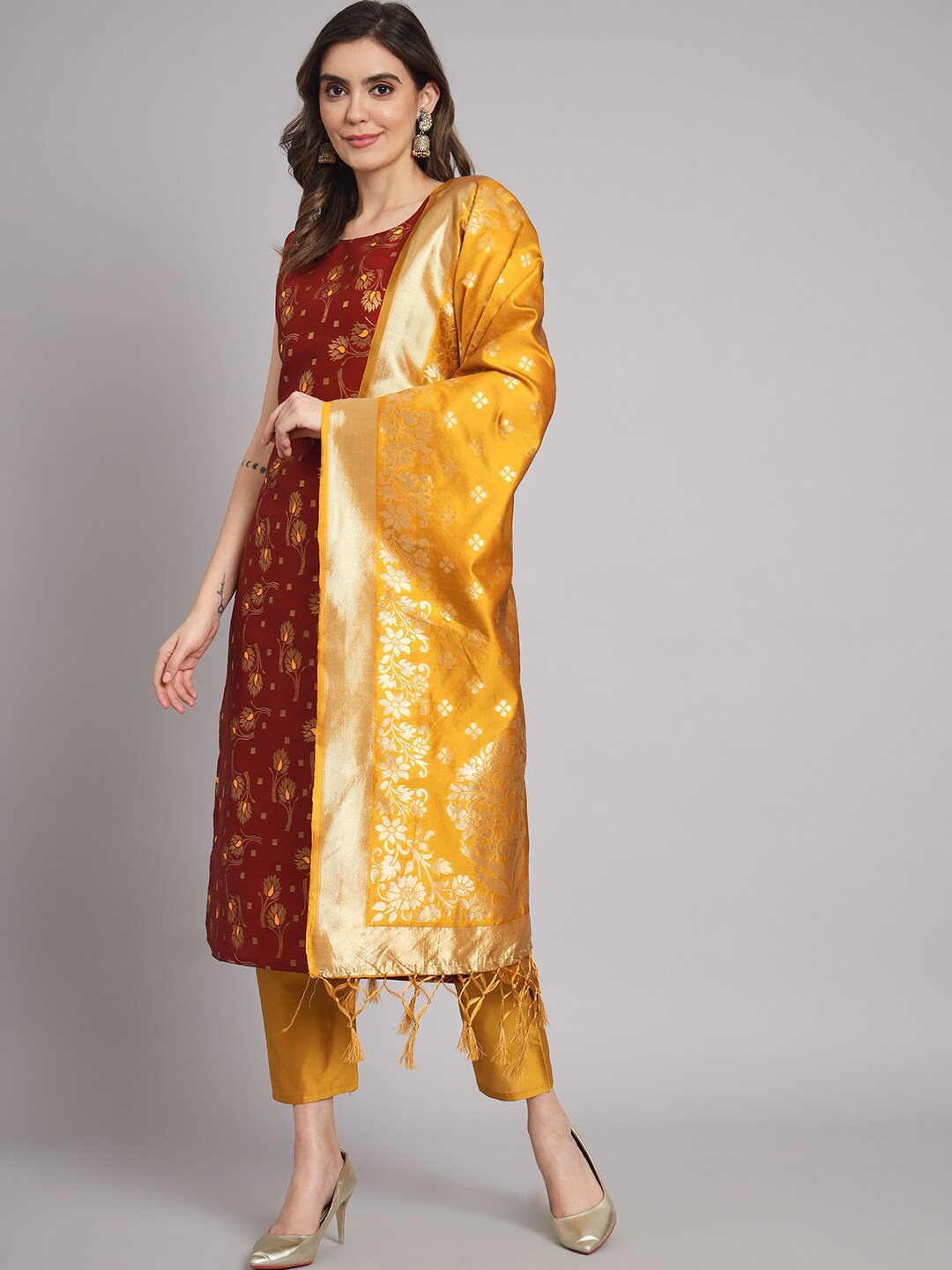 

KALINI Woven Design Kurta with Trousers & With Dupatta, Maroon