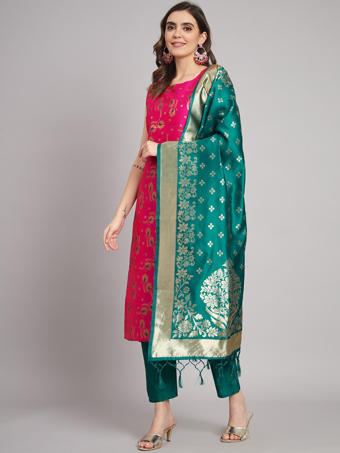 

KALINI Ethnic Motifs Woven Design Kurta & Trousers With Dupatta, Pink