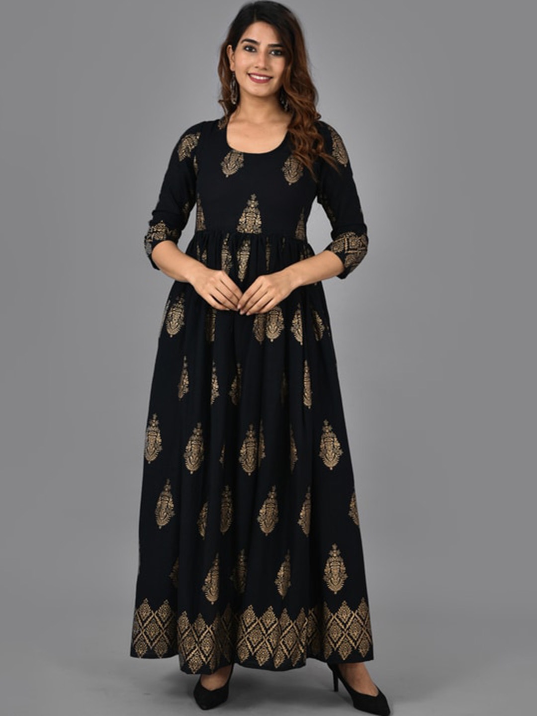 

KALINI Foil Printed Ethnic Dress, Black
