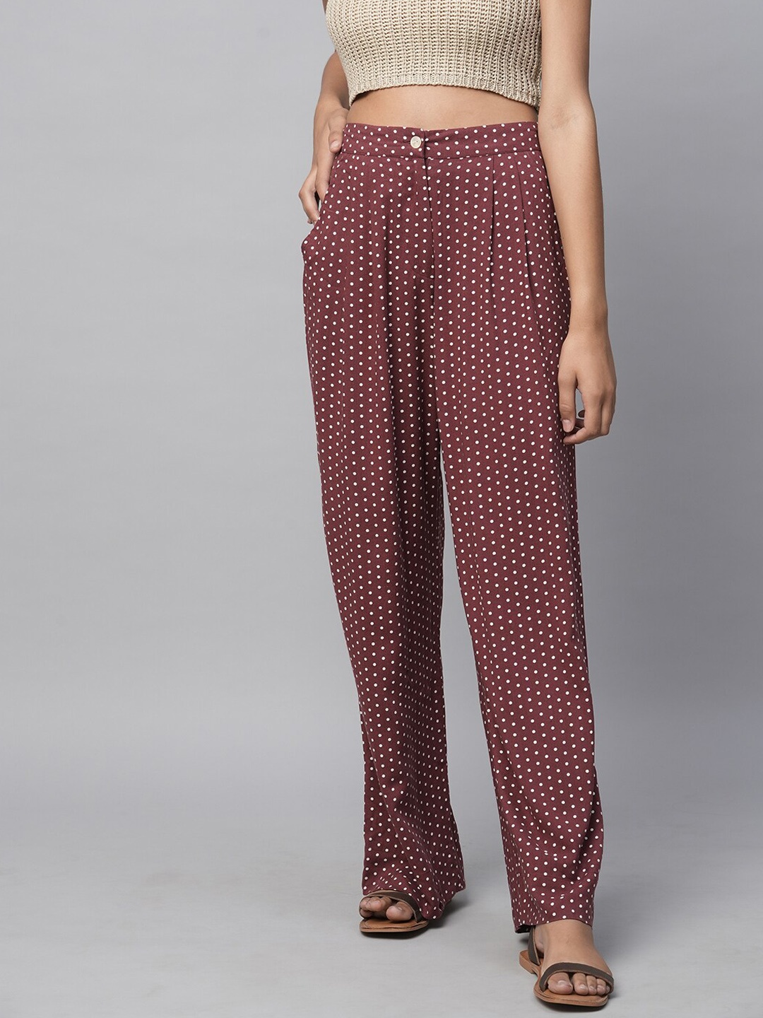 

Chemistry Women Polka Dot Printed Straight Fit Pleated Parallel Trousers, Burgundy