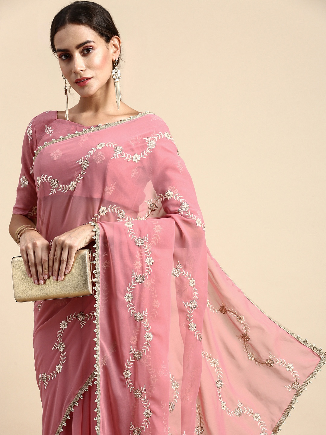 VAIRAGEE Floral Embroidered Poly Georgette Saree, Mauve