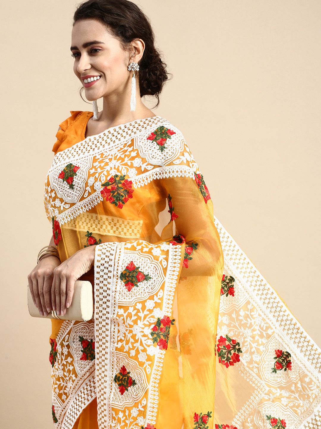 

VAIRAGEE Floral Embroidered Organza Saree, Orange