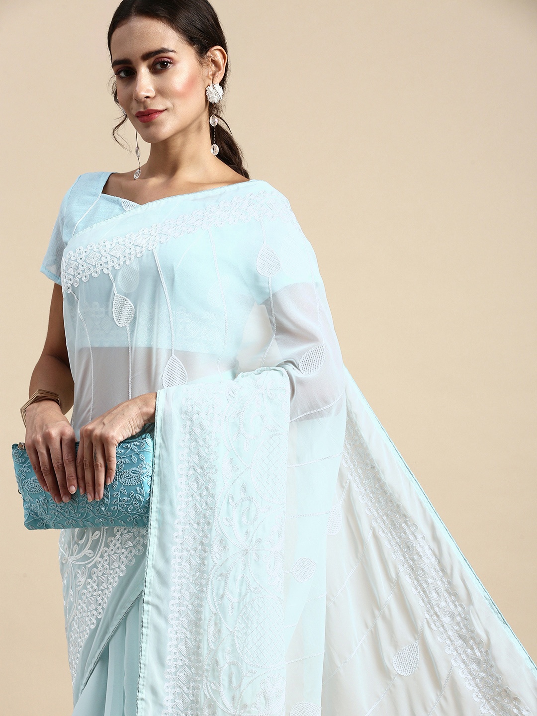 

VAIRAGEE Ethnic Motifs Embroidered Poly Georgette Saree, Blue