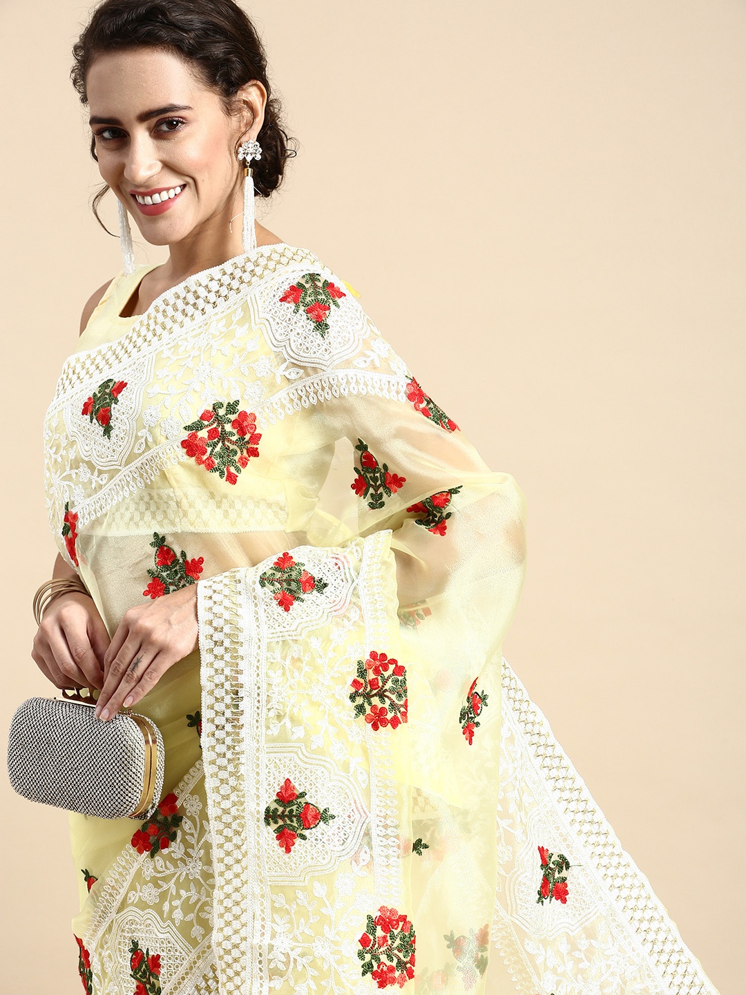 

VAIRAGEE Floral Embroidered Organza Saree, Yellow