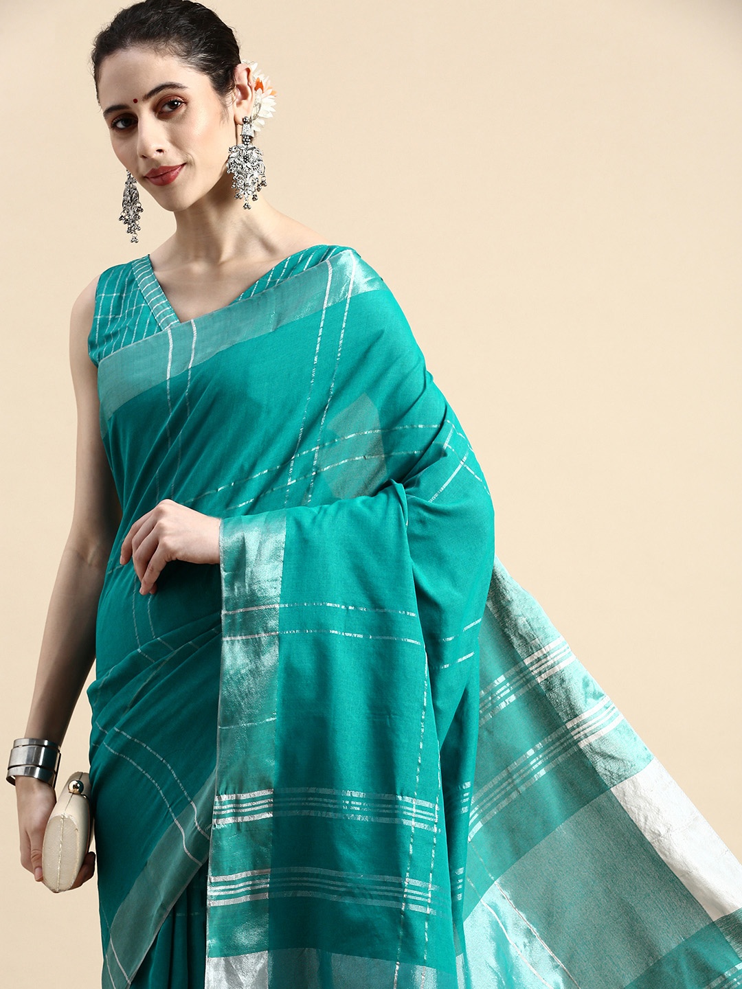 

VAIRAGEE Checked Saree, Turquoise blue