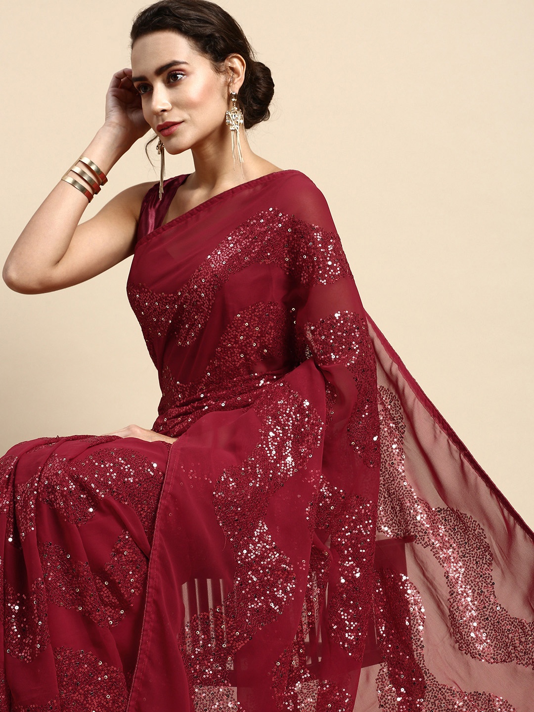 

VAIRAGEE Leheriya Sequinned Poly Georgette Saree, Maroon