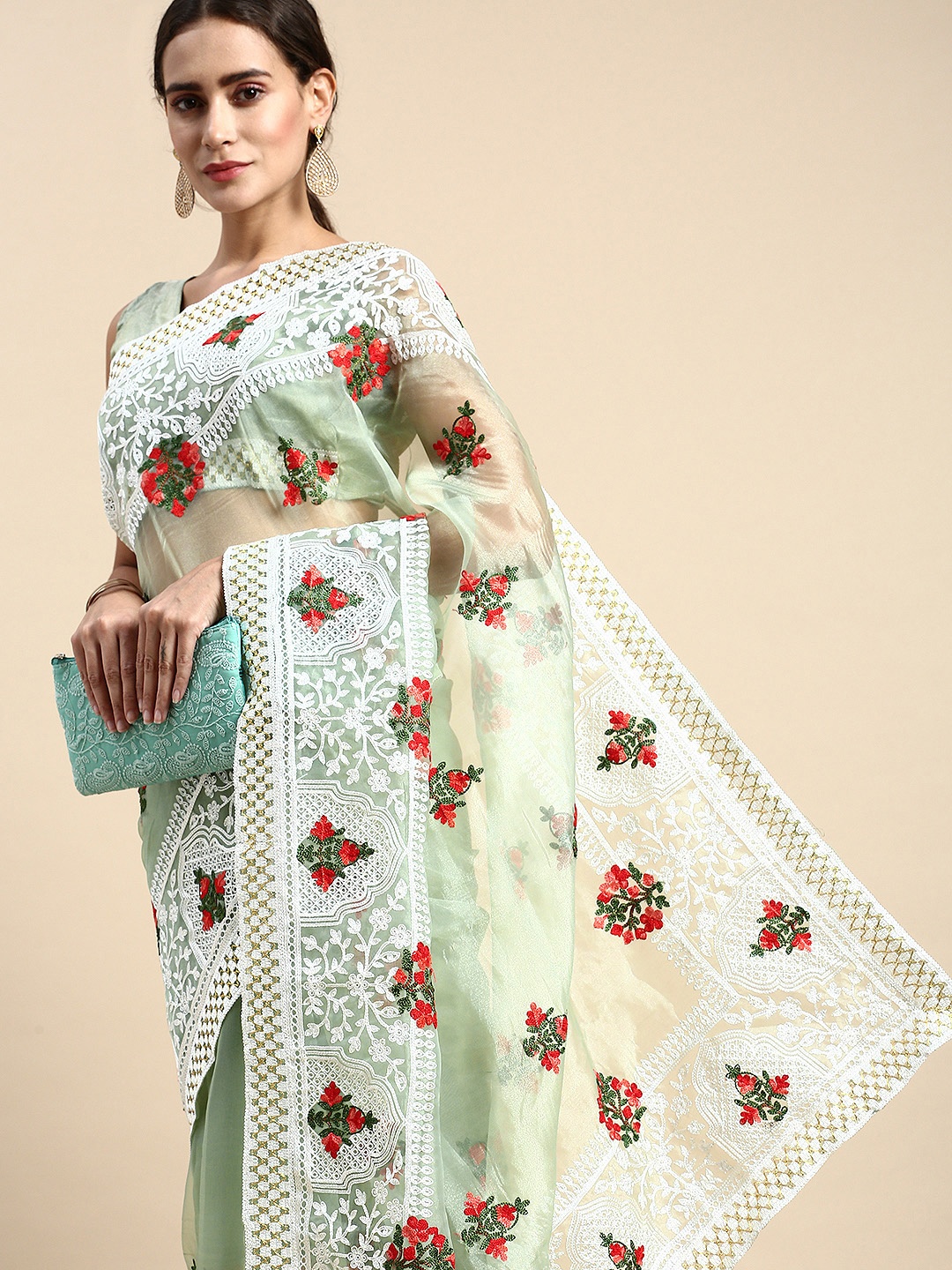 

VAIRAGEE Floral Embroidered Organza Saree, Olive