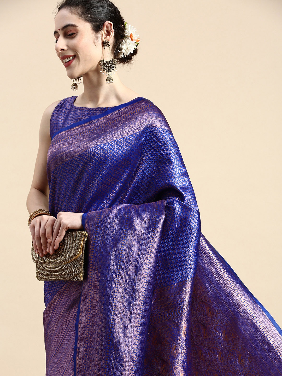 

VAIRAGEE Woven Design Zari Silk Blend Banarasi Saree, Blue