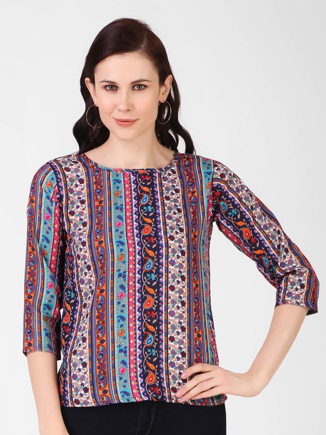 

KASHIAN Ethnic Motif Printed Round Neck Regular Top, Orange