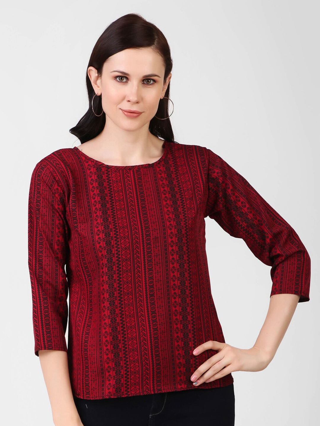 

KASHIAN Ethnic Motif Printed Round Neck Regular Top, Maroon