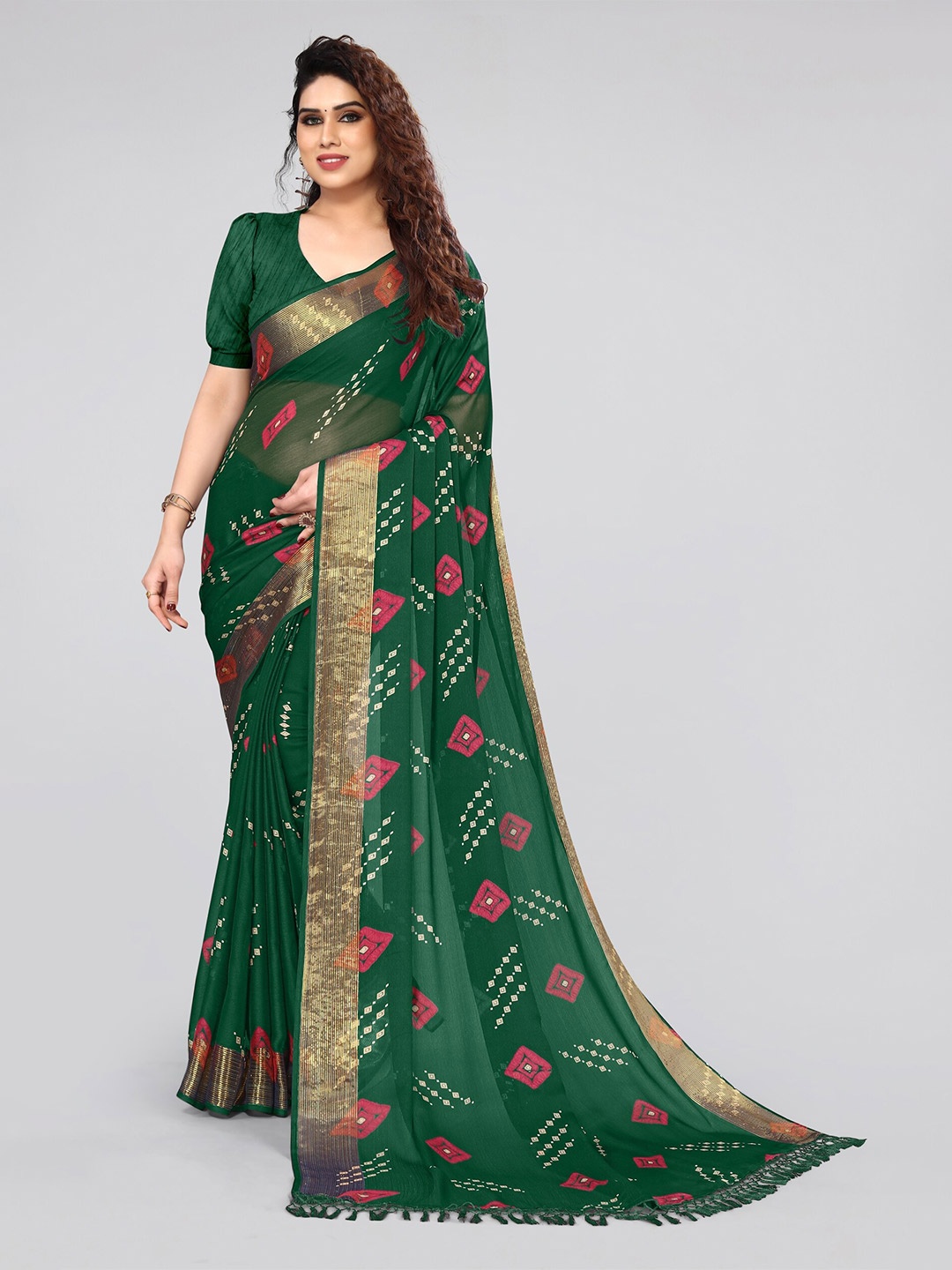 

MIRCHI FASHION Green & Pink Printed Zari Bandhani Saree