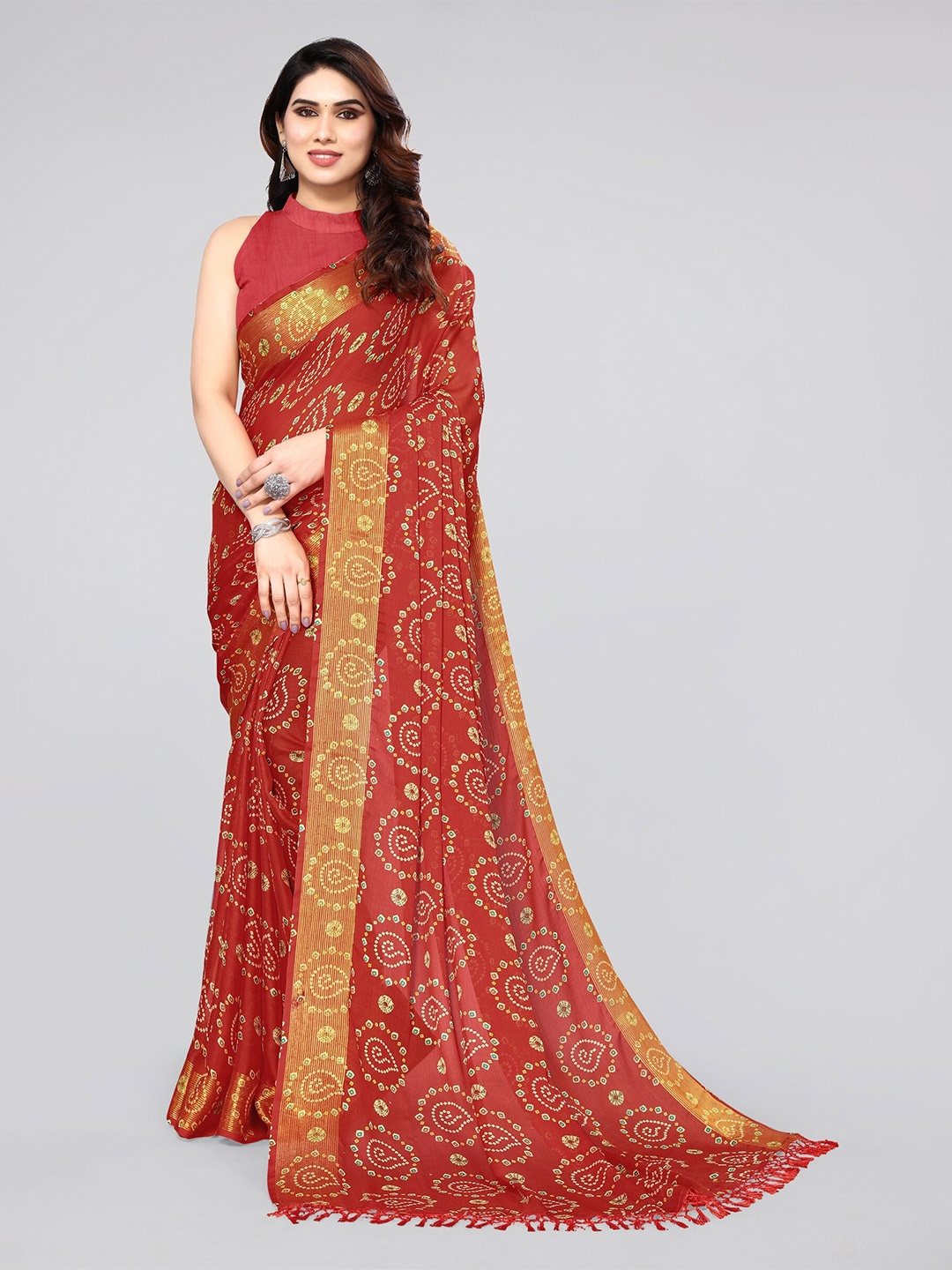 

MIRCHI FASHION Printed Bandhani Saree, Red