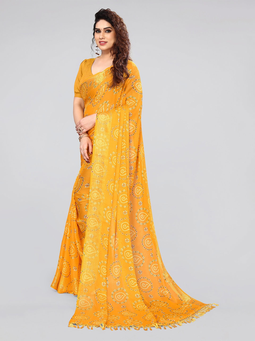 

MIRCHI FASHION Yellow & Red Zari Poly Chiffon Bandhani Saree