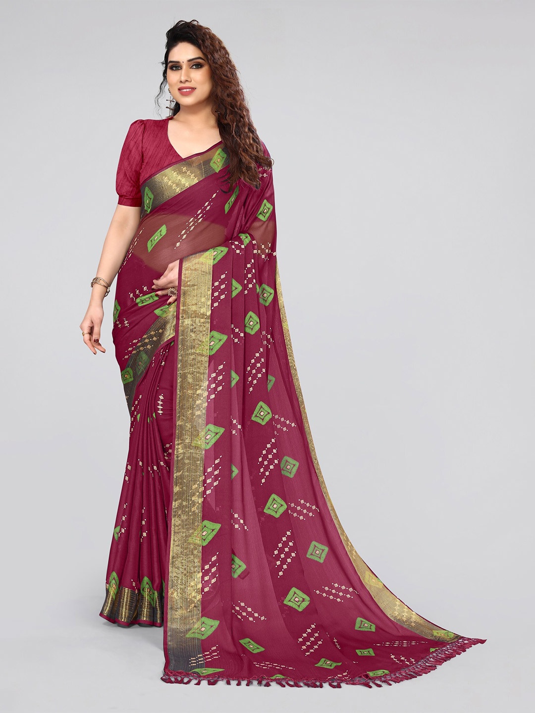 

MIRCHI FASHION Zari Poly Chiffon Bandhani Saree, Maroon