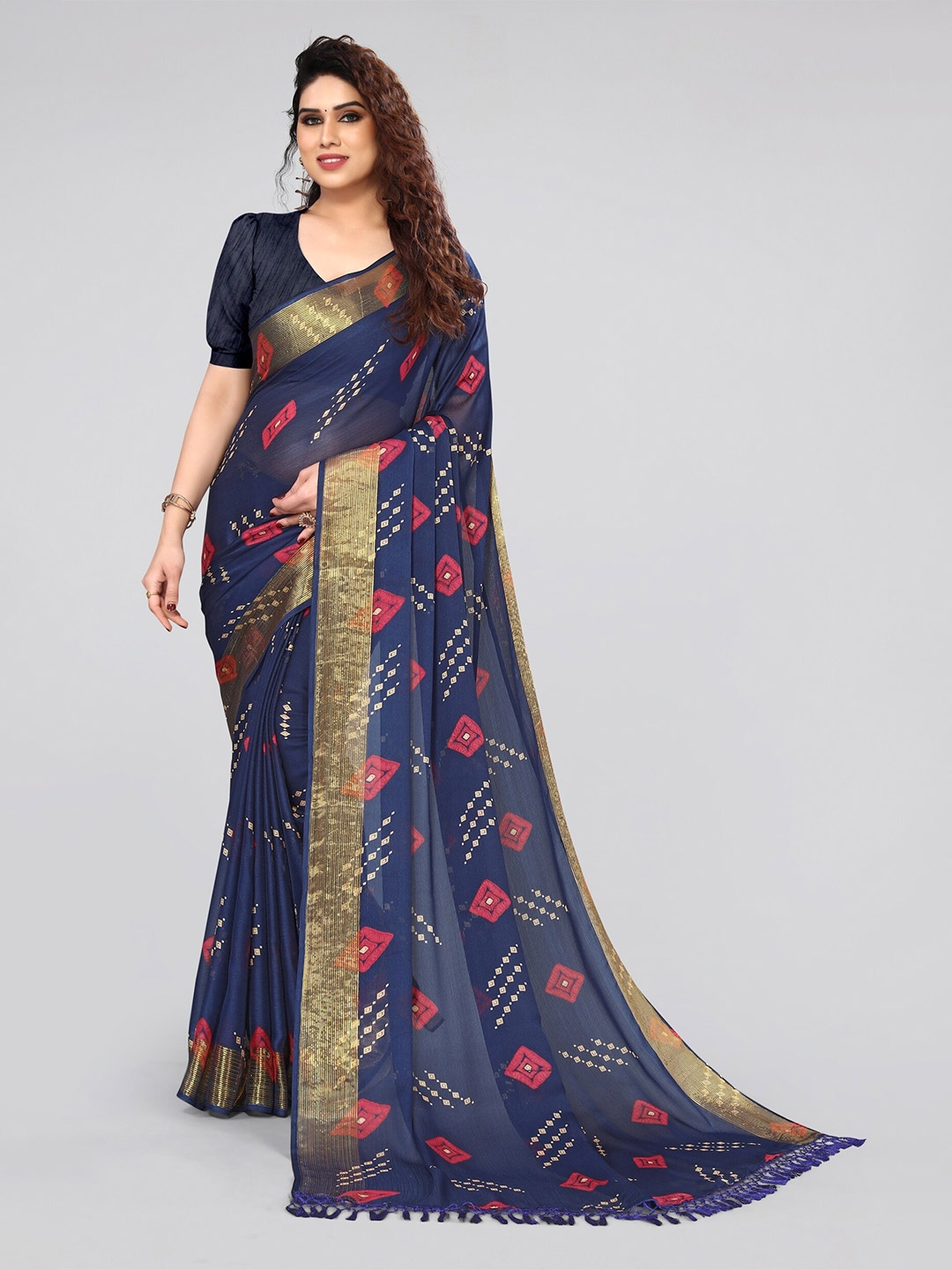 

MIRCHI FASHION Navy Blue & Red Printed Zari Bandhani Saree
