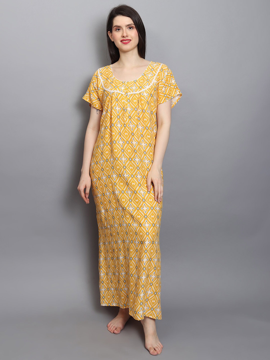 

Noty Ethnic Motifs Printed Maxi Nightdress, Mustard